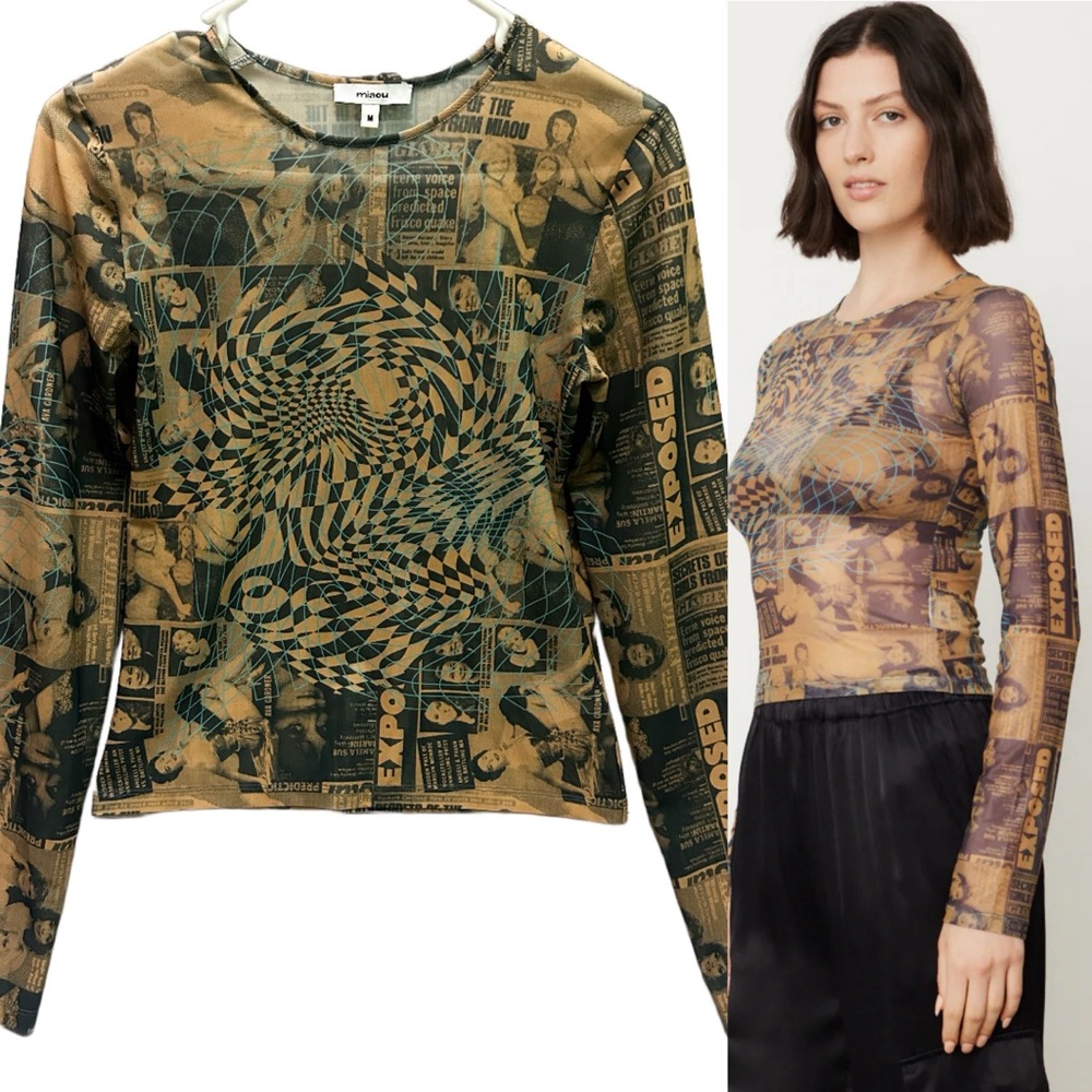 Miaou Graphic Mesh Top in Black and Tan Size M